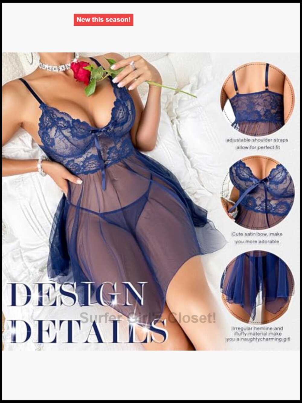 Lace Babydoll Dress Pajama Set with Thong Deep V Neck - Picture 6 of 7